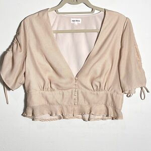 Superdown Striped Cream Half Button-Up Blouse Open Puff Sleeve Large